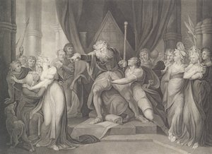 Kuningas Lear heittää pois tyttärensä Cordelia Shakespearen, K..., julkaistu ensimmäisen kerran 1792, julkaistu uudelleen 1852.