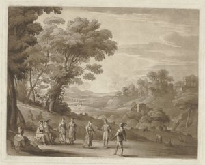 Maisema tanssivien hahmojen kanssa Printtejä Claude Lorrainin piirustusten jälkeen (sarjan nimi) Liber Veritatis (sarjan nimi) tekijältä Richard Earlom