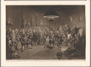 Kuninkaallisen akatemian jäseniä sisätiloissa alaston miesmallin kanssa, 1768 Kuninkaallinen taideakatemia, jonka kuningas perusti vuonna 1768 (otsikko esineessä)