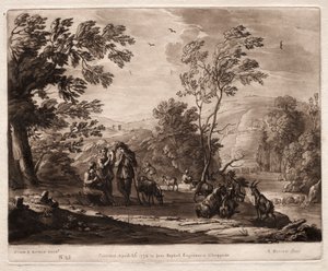 Liber Veritatis: Nro 25, Vuoristoinen ja metsäinen maisema paimenten kanssa..., 1774. tekijältä Richard Earlom