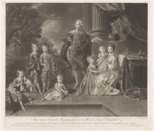 Ison-Britannian kuninkaan George III:n ja hänen perheensä muotokuva Heidän pyhimmät Majesteettinsa George IIId ja kuningatar Charlotte (nimi esineessä)