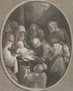 Kristuksen ympärileikkaus, joukko miehiä ja naisia, jotka ympäröivät häntä, enkeli edessä..., 1765 tekijältä Richard Earlom
