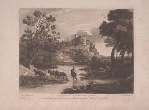 Näkymä Tivolista auringonlaskun aikaan, julkaistu 1775 (mezzotintti etsauksella) tekijältä Richard Earlom