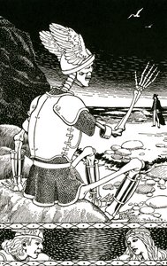 Kuolema luurankona hyvästelemässä miestä, n.1930 (litografia). tekijältä Richard Fayerweather Babcock