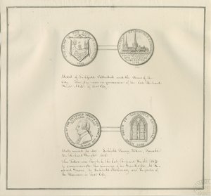 Lichfield – Lichfieldin katedraalin ja kaupungin aseiden mitalit ja Richard Greenen muotokuva: kynäpiirros, nd [1800-luvun alku] (piirustus)
