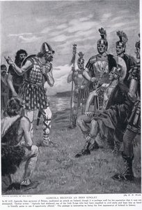Agricola saa Irlannin Kingletin, kuvituksen "Hutchinsonin kansakuntien historiasta", n. 1910 tekijältä Richard Henry Brock
