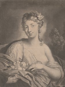 Kevät: nuori nainen pitelee kukkia viitassaan, 1775. tekijältä Richard Houston