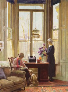 Interior com duas senhoras e um dogfinnish