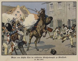 Majuri von Schillin kuolema katutaistelussa Stralsundissa 31. toukokuuta 1809 (värilitho)