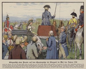 Preussin kuningatar Louise paraatissa Stargardin paraatikentällä toukokuussa 1798 (värilitho)