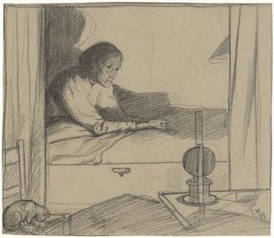 Nainen ylähuoneessa, istuu sängyssä (toinen luonnos) tekijältä Richard Nicolaüs Roland Holst