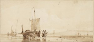 Kalastusveneitä hiekkarannalla Normandian rannikolla tekijältä Richard Parkes Bonington