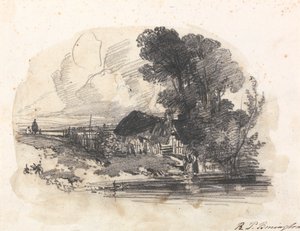 Puut ja mökki joen rannalla tekijältä Richard Parkes Bonington
