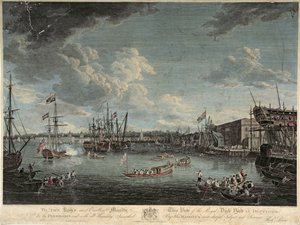 Näkymä Deptfordin kuninkaallisesta telakasta, kaivertaja William Woollett, julkaistu 1. heinäkuuta 1793 (värillinen etsaus).