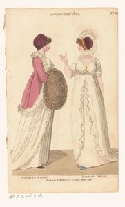 Lontoon ja Pariisin naisten muotilehti. Nro 36. Lontoo helmikuu, 1801: kävelymekko; Iltapuku