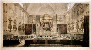 Näkymä House of Lordsista, Ison-Britannian parlamentin ylähuoneesta. Kaiverrus Rothwell. 1800-luvun Parker Gallery, Lontoo