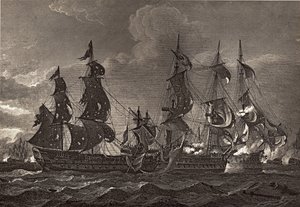 HMS-kapteeni nousemassa San Nicholasin ja San Josefin laivaan, kuvitus Robert Southeyn (1774-1843) teoksesta "Nelsonin elämä" julkaistiin ensimmäisen kerran 1813. tekijältä Richard Westall