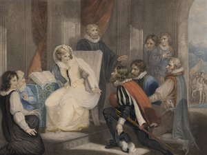 Kuningatar Elisabet I saa tiedon sisarensa Queen Maryn kuolemasta (väriakvatinta)