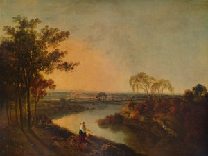 Englantilainen joki auringonlaskun aikaan, kaukaisuudessa Walesin kukkulat, c1760, 1938 tekijältä Richard Wilson