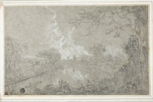 Dee-joen rannat lähellä Eaton Hallia, Cheshire, n. 1759 (mustavalkoinen liitu siniselle levitetylle paperille, asetettu kortille) tekijältä Richard Wilson