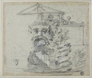 "Il Mascherone", Rocaille-suihkulähde Villa Borghesen pohjalla, n. 1754 (musta liitu, korostettu valkoisella liidulla ja grafiitilla, siniselle levitetylle paperille, asetettu kortille) tekijältä Richard Wilson