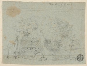 Luonnos puista sillan lähellä (etusivu); luonnos rakennuksesta (kääntöpuoli). tekijältä Richard Wilson