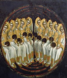 Istuvat enkelit pallot käsissään, n. 1348-54