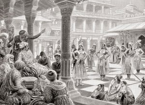 Akbar soittaa pachisia tai chaupuria live-kappaleiden kanssa Fatehpur Sikrissä vuonna 1575, Hutchinsonin Kansakuntien historiasta, pub.1915 tekijältä Robert (after) Dudley