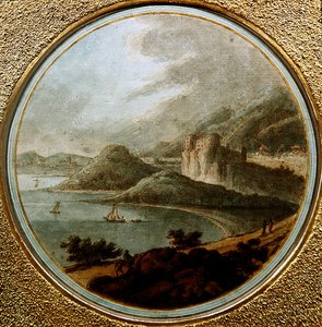 Linna merenlahden yläpuolella laivoineen, n. 1775 (kynä ja muste vesivärillä paperilla) tekijältä Robert (attr. to) Adam