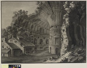 Arkkitehtoninen fantasia. Rotondan raunion sisäpuoli jättimäisellä holvilla tekijältä Robert Adam