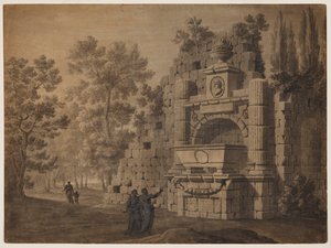 Capriccio, jossa antiikin hahmoja raunioituneen klassisen monumentin keskellä tekijältä Robert Adam