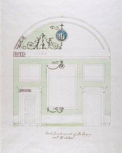 Suunnittelu ruokasalin päätyseinään, Headfort House (kynä ja musta muste grafiitin päällä wc:llä paperille) tekijältä Robert Adam