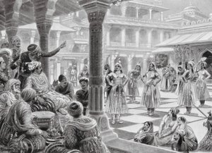 Akbar pelaa Fatehpur Sikrissä nappulapelejä Living Piecesin kanssa. tekijältä Robert Ambrose Dudley