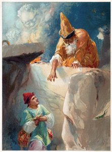 Aladdin and the Magician, kuvitus "Once Upon a Time" -julkaisusta, kustantaja Ernest Mister, n. 1900 (värilitho) tekijältä Robert Ambrose Dudley
