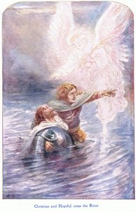 Christian and Hopeful ylittää joen, John F Shaw & Co:n julkaisemasta The Pilgrims Progressista, noin 1900-luku (värilitho)