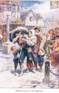 Christian lähtee pyhiinvaellusmatkalleen John F Shaw & Co:n julkaisemasta The Pilgrims Progressista, noin 1900-luvulla (värilitho) tekijältä Robert Ambrose Dudley
