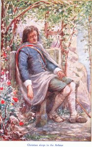 Christian nukkuu lehtimajassa, John F Shaw & Co:n julkaisemasta The Pilgrims Progressista, n. 1900-luku (värilitho) tekijältä Robert Ambrose Dudley
