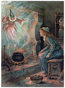 Cinderella and the Fairy Godmother, kuvitus "Once Upon a Time" -julkaisusta, kustantaja Ernest Mister, n. 1900 (värilitho)