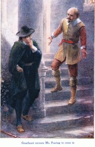 Great Heart rukoilee herra Fearingia tulemaan sisään, John F Shaw & Co:n julkaisemasta The Pilgrims Progressista, noin 1900-luku (värilitho) tekijältä Robert Ambrose Dudley
