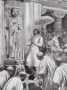 Kanishka avaa mahayana-buddhalaisuuden (pohjoinen buddhalaisuus), 100 jKr. (litografia) tekijältä Robert Ambrose Dudley
