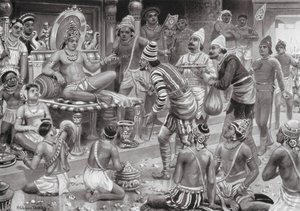 Chalukhya Pulikesin II vastaanottaa Persian lähettiläät (litografia). tekijältä Robert Ambrose Dudley