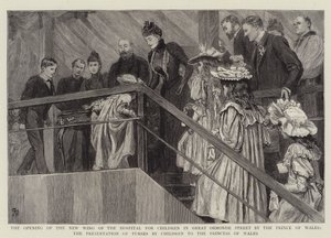 Walesin prinssin lastensairaalan uuden siiven avaaminen Great Ormond Streetillä, lasten kukkaroiden esittely Walesin prinsessalle tekijältä Robert Barnes