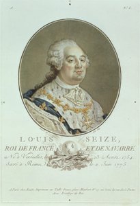 Ludvig XVI:n (1754-93) muotokuva teoksesta "Portraits des Grands Hommes Illustres", kaivertaja Ride (käsin väritetty kaiverrus).