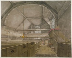 Kappelin sisustus St Bartholomew-the-Greatin kirkossa Smithfieldissä, Lontoon kaupungissa, 1818 tekijältä Robert Blemmell Schnebbelie
