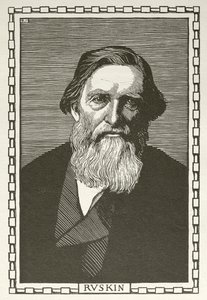 John Ruskin, englantilainen kirjailija, taidekriitikko, taiteilija ja sosiaalinen ajattelija (puupiirros) tekijältä Robert Bryden