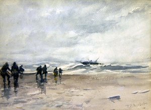 Kalastajat vetävät ahdistunutta kalastusvenettä (akvarelli paperille) tekijältä Robert Buchan Nisbet