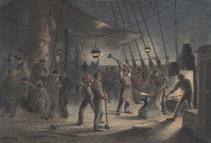 The Forge on Deck, yö 9. elokuuta: Rautapinnoituksen valmistelu Capstanille, 1865-66. tekijältä Robert Charles Dudley
