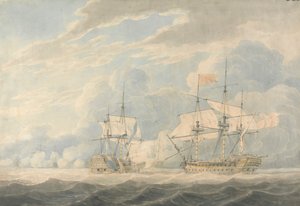 Hollannin vara-amiraali amiraali De Winterin johdolla lyömässä lippuaan amiraali Duncanin johtamalle englantilaiselle vara-amiraalille Onslowille Camperdownin taistelussa 11. lokakuuta 1797