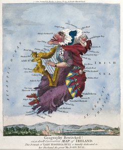 Maantiede lumoi! tai Irlannin karikatyyrikartta. Tämä Lady Hibernia Bullin muotokuva on nöyrästi omistettu hänen aviomiehelleen, suurelle herra John Bullille. [noin 1796]