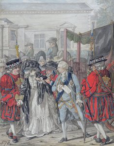 Margaret Nicholson yrittää murhata Hänen Majesteettinsa George III:n (1738-1820) St. Jamesin palatsin puutarhan sisäänkäynnissä 2. elokuuta 1786 (lyijykynä, kynä ja musta muste, akvarelli ja vartaloväri paperille)